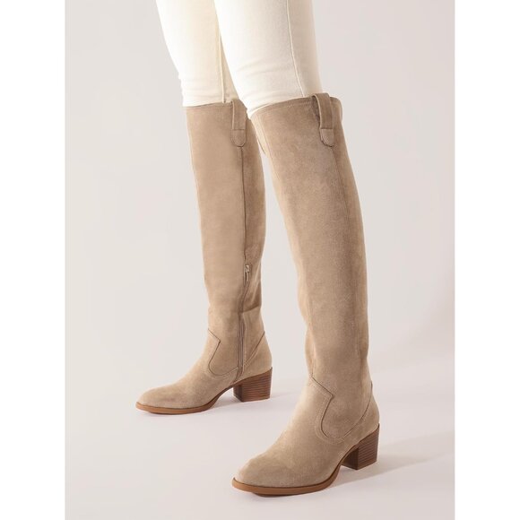 Women's Nude Faux Suede Over The Knee Thigh High Chunky Heel Pointed Toe Boots - Picture 4 of 6